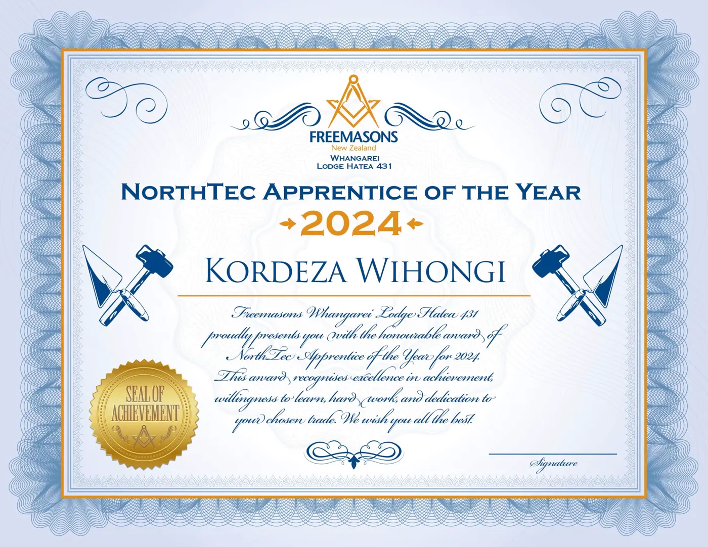 The NorthTec Apprentice of the Year 2024 certificate