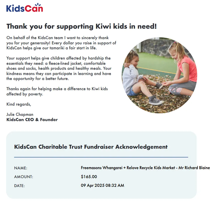 Thank-you acknowledgement from KidsCan